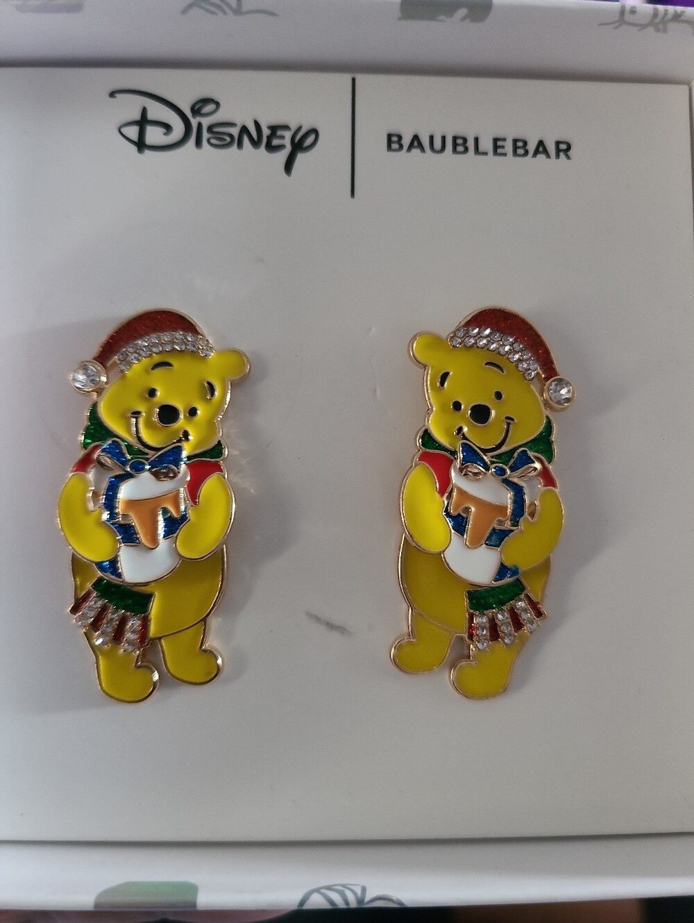 Disney Baublebar Christmas Winnie The Pooh Dangle Earrings NIB